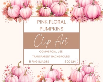 Rosa Blumen Kürbisse Clip Art Pack Aquarell, Clipart oder kommerzielle Nutzung, Rosa Blumen Kürbisse Herbst Herbst Wand Kunst Aquarell PNG