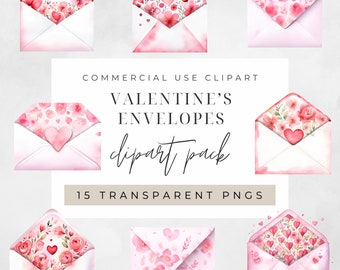 Op de afbeelding: Een set van 15 digitale clipart-afbeeldingen van roze en witte enveloppen met aquarelbloemen en hartjes. De tekst "Valentine's Envelopes clipart pack" is in de afbeelding opgenomen.