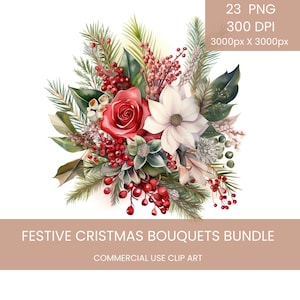 Buquês de flores festivas de Natal Clip Art Pack Aquarela, Clipart ou Uso Comercial, Natal, Azevinho, Bagas, Pinhas Aquarela PNG
