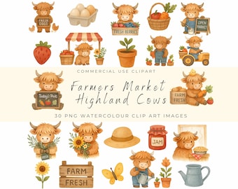 Farmer’s Market Highland Cow Clipart – Watercolor Farm Cow PNG, Rustic Produce Stall Animals, Country Market Highland Calf Art