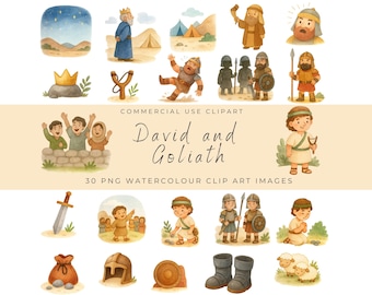 David and Goliath Bible Story Clipart – Watercolor Christian Kids Illustrations – Sunday School Art – David Slingshot, Goliath, Crown PNG