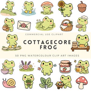 Puede incluir: Una colección de 50 imágenes prediseñadas de acuarela con ranas verdes en escenas de estilo cottagecore. Las ilustraciones incluyen ranas con flores, comida y otros accesorios. El texto de la imagen dice "COTTAGECORE FROG".