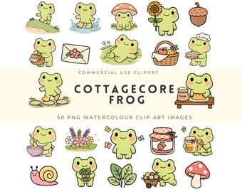 Cottagecore Frog Clipart | Cottagecore Frog Clipart Bundle, Cute Frog PNG, Cozy Frog Characters, Digital Download