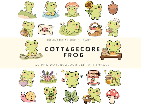 Cottagecore Frog Clipart | Cottagecore Frog Clipart Bundle, Cute Frog PNG, Cozy Frog Characters, Digital Download