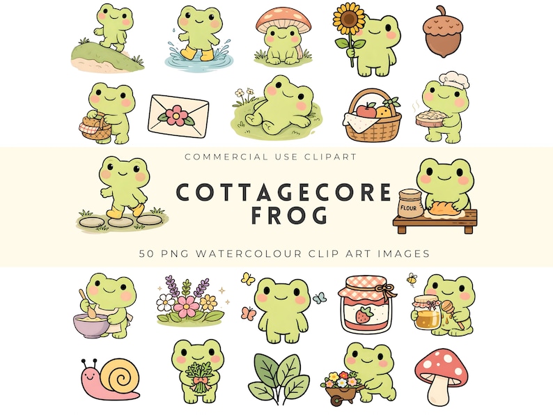 May include: A collection of 50 watercolor clip art images featuring cute green frogs in various cottagecore scenes. The images include frogs with flowers, food, and other accessories. Text on the image reads "COTTAGECORE FROG".