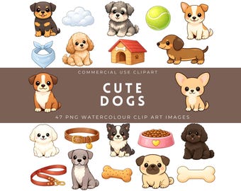 Cute Dogs Clipart | Dog Breeds, Dog Puppy Bundle, Cute Bold PNG, Digital Download