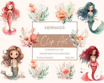 Mermaids Clip Art Pack Watercolour, Clipart or Commercial Use, Mermaid, Ocean, Coral Wall Art Watercolour PNG