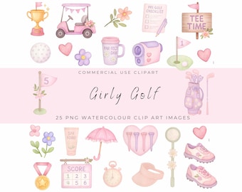 Conjunto de imágenes prediseñadas de golf para chicas: palos de golf en acuarela pastel, un bonito bolso, accesorios y equipo; gráficos de golf en rosa y morado para niñas y mujeres.