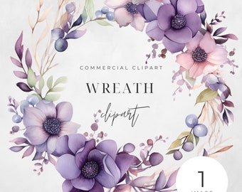 Watercolor Violet Floral Wreath Clipart, SINGLE IMAGE, Flowers, Half Wreaths, Wedding Minimalist, Leaves, Transparent png, Commercial Use