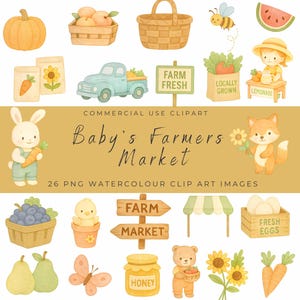 Op de afbeelding: Watercolor clip art set met een baby's boerenmarkt thema. Bevat een pompoen, perziken, manden, een bij, watermeloen, een konijn met een wortel, een vos met een bloem en een blauwe vrachtwagen. De tekst luidt "Baby's Farmers Market".