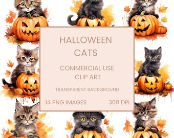 Halloween Cute Cats Clipart PNG, Junk Journaling, Bundle, Halloween Watercolor Wall Art Commercial Use Digital Instant Download