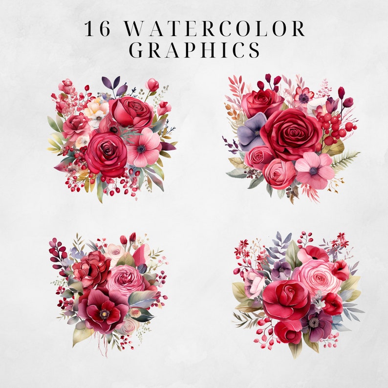 Valentines Red Floral Bouquet Watercolor Clipart PNG, Junk Journaling ...