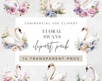 Floral Swan Watercolor Clipart PNG, Junk Journaling, Floral Watercolor Wall Art Commercial Use, Swan Digital Instant Download