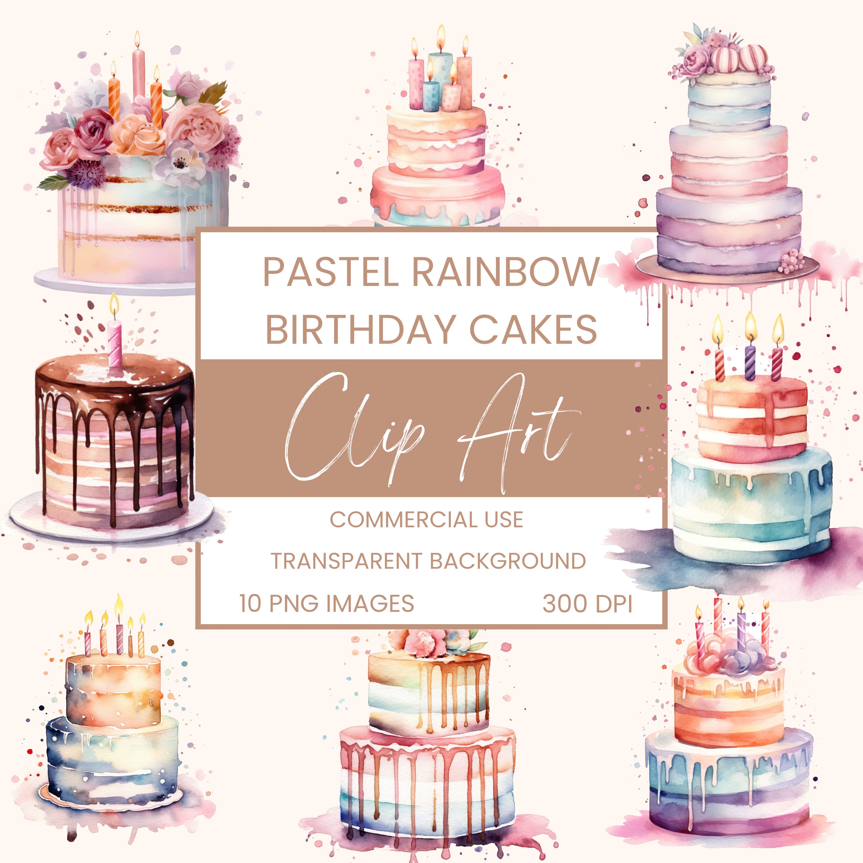 Pastel Birthday Cakes Watercolor Clipart PNG, Junk Journaling, Bundle ...