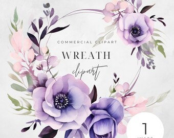 Watercolor Violet Floral Wreath Clipart, SINGLE IMAGE, Flowers, Half Wreaths, Wedding Minimalist, Leaves, Transparent png, Commercial Use