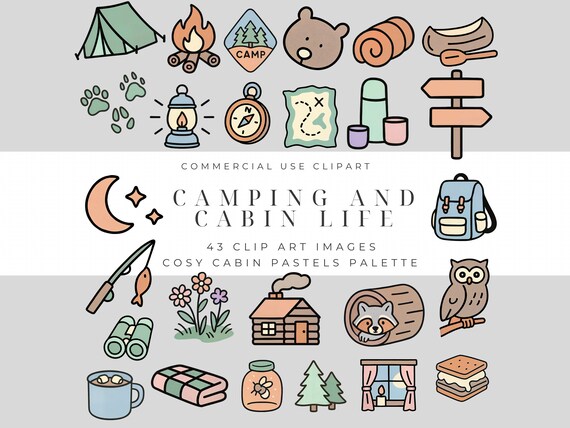 Cozy Camping & Cabin Life Clipart Pack – Bold Outlines for Stickers, Planners, Scrapbooking and Creative Projects Commercial Use