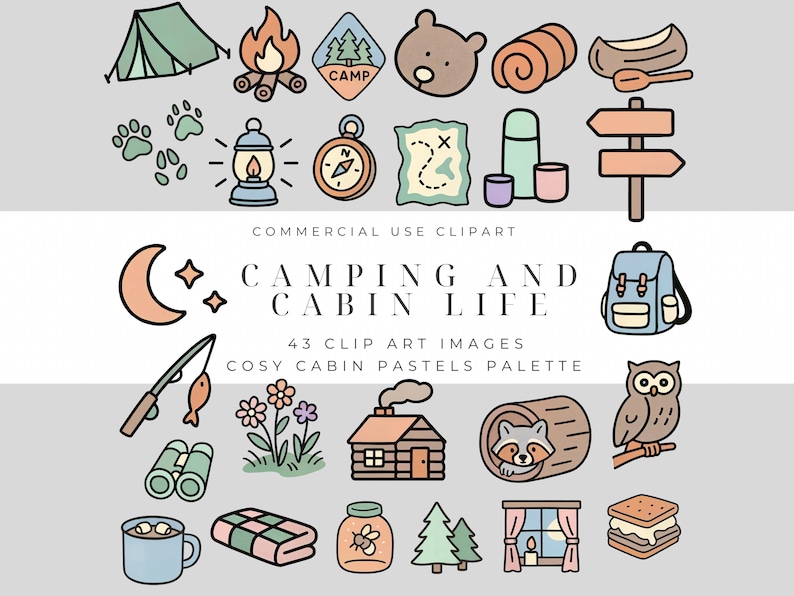 May include: A set of 43 camping and cabin life clip art images in a cozy cabin pastels palette. The images include a tent, campfire, bear, sleeping bag, canoe, lantern, compass, map, thermos, signpost, moon, stars, fishing rod, binoculars, flowers, cabin, raccoon, owl, mug, blanket, jar with bees, trees, and a window with curtains.