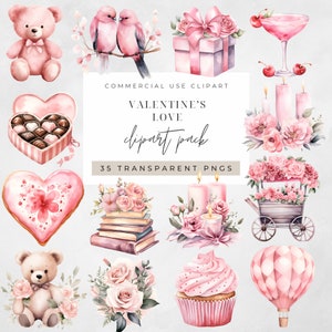 Valentines Love Watercolor Clipart PNG, Junk Journaling, Floral Romance Pink Watercolor Wall Art Commercial Use, Digital Instant Download