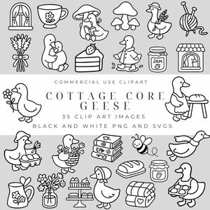 Silly Goose Cottagecore-clipartpakket – gezellige boerderijgans met bloemen en mutsen – rustieke dierenillustraties zwart-wit, png en svg