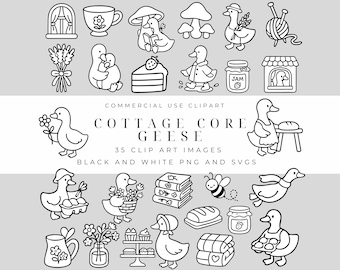 Silly Goose Cottagecore Clipart Pack – Cozy Farm Goose with Flowers & Bonnets – Rustic Animal Illustrations Black and White PNG and SVGs