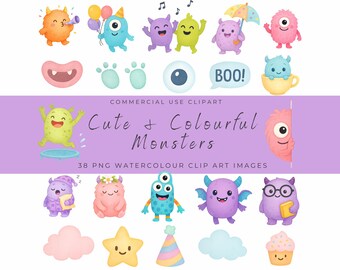 Cute & Colorful Monster Clipart – Kawaii Halloween Creatures, Pastel Monsters PNG, Kids Party Decor, Instant Download