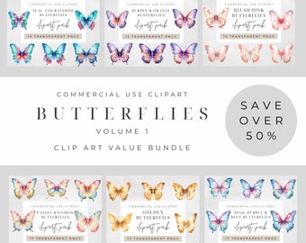 Watercolor Butterflies Clipart, BUNDLE, Clipart for commercial use, Transparent PNG, Butterfly, Spring, Flowers Watercolour