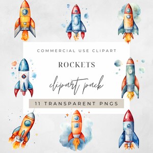 Watercolor Rockets Clipart, Clipart for commercial use, Transparent PNGs, Space Boy Nursery Watercolour