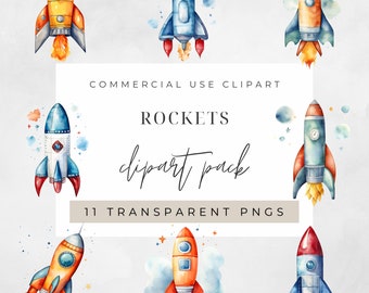 Watercolor Rockets Clipart, Clipart for commercial use, Transparent PNGs, Space Boy Nursery Watercolour