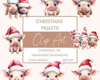 Christmas Piglets Clip Art Pack Watercolour, Clipart or Commercial Use,  Bundle, Christmas Festive Pigs Animals, Wall Art Watercolour PNG