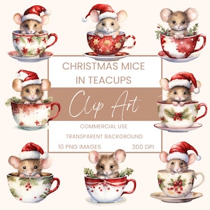 Topi di Natale in tazze da tè Clip Art Pack Acquerello, Clipart o Uso commerciale, Animali festivi di Natale, Wall Art Acquerello PNG