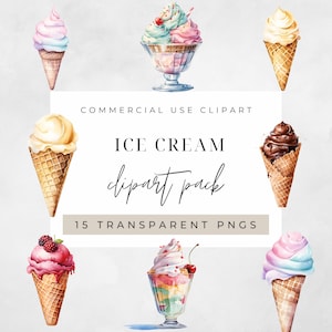 Eis Aquarell Clipart PNG, Junk Journaling, Bundle, Floral Aquarell kommerzielle Nutzung digitaler Sofort-Download, Gelato, Kegel, Waffel