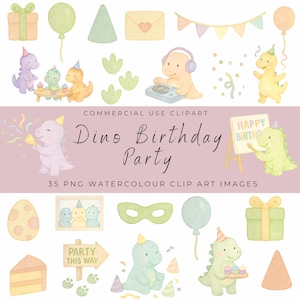 Adorable paquete de imágenes prediseñadas de acuarela para fiesta de cumpleaños de dinosaurios / Lindos dinosaurios pastel, globos, pasteles y decoración para fiestas / Conjunto PNG de cumpleaños para niños