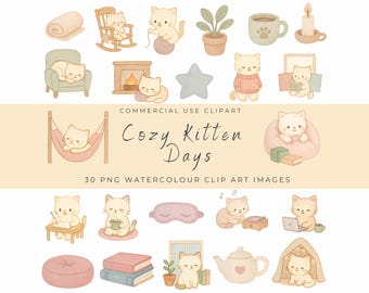 Cozy Kitten Days Watercolor Clipart | Cute Cat Illustrations | Soft Pastel Kittens | Cozy Autumn Cats | PNG Clip Art for Planner & Prints