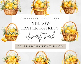 May include: Ten watercolor illustrations of yellow Easter baskets filled with yellow eggs and white flowers. The baskets are tied with yellow ribbon. The text "COMMERCIAL USE CLIPART YELLOW EASTER BASKETS clipart pack 10 TRANSPARENT PNGS" is written below the baskets.