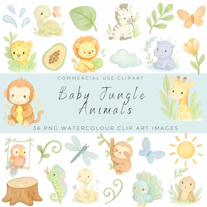 Clipart aquarelle d'aventure de bébés de la jungle | Art mignon de chambre de bébé d'animaux de jungle de bébé | Ensemble PNG d'animaux de safari | Téléchargement numérique de baby shower