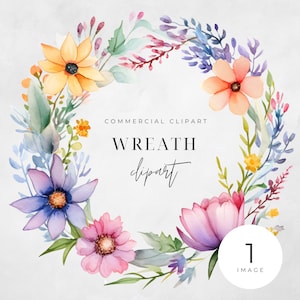 Watercolor Floral Wreath Clipart, Bright Summer Floral, SINGLE IMAGE, Flowers, Half Wreaths, Wedding Boho, Transparent png, Commercial Use