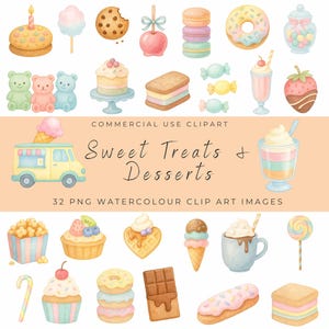 Zoete lekkernijen dessert clipart | Pastelkleurige aquarelsnoep, cupcakes, ijs, donuts en gebak, png | Leuke voedselafbeeldingen voor stickers en knutselwerk