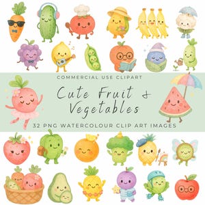 Clipartbundel Fruit and Veggie Friends – aquarel schattige voedselpersonages, vrolijk fruit-png's, groente-clipart voor kinderen en stickers