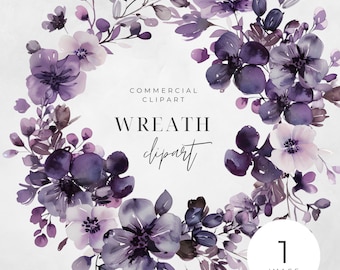 Watercolor Floral Wreath Deep Lilac Clipart, SINGLE IMAGE, Flowers, Half Wreaths, Wedding Wreath, Transparent png, Commercial Use