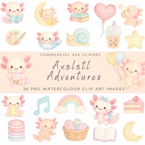 Niedliches Aquarell Axolotl Clipart-Bundle - Pastell Axolotl Charaktere & Mini Elemente, PNG, Kinderzimmer, Planer, Scrapbook, Sofort Download