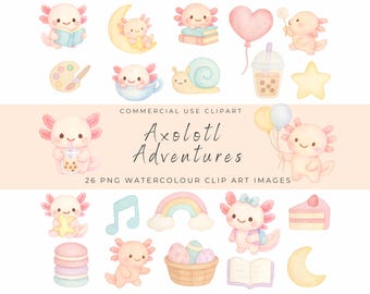 Niedliches Aquarell Axolotl Clipart-Bundle - Pastell Axolotl Charaktere & Mini Elemente, PNG, Kinderzimmer, Planer, Scrapbook, Sofort Download