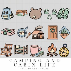 May include: A set of 12 colorful cartoon illustrations featuring camping and cabin life themes. The illustrations include a backpack, a bench, a bear, paw prints, binoculars, a quilt, a frying pan, a cabin, a door, a sign that says "Camp", a rocking chair, a bunk bed, a mug, a campfire, and a compass.