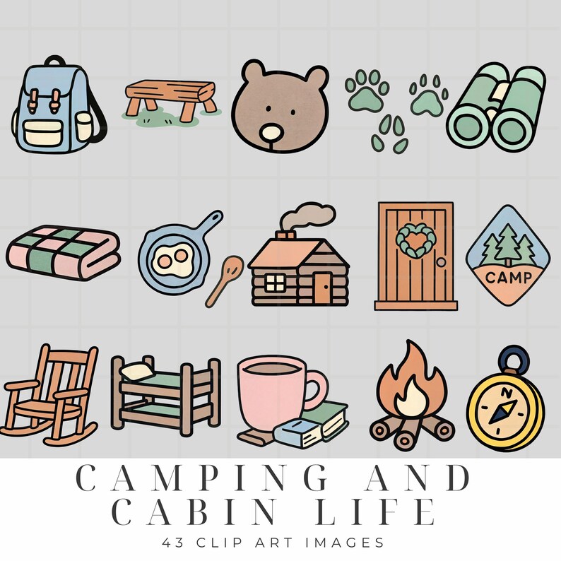 May include: A set of 12 colorful cartoon illustrations featuring camping and cabin life themes. The illustrations include a backpack, a bench, a bear, paw prints, binoculars, a quilt, a frying pan, a cabin, a door, a sign that says "Camp", a rocking chair, a bunk bed, a mug, a campfire, and a compass.