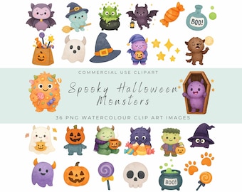 Spooky Cute Halloween Monster Clipart Bundle – Watercolor PNGs, Kids Halloween Illustrations, Trick or Treat Graphics, Ghosts Bats