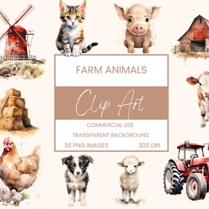 Farm Animals Clip Art Pack Watercolour, Clipart or Commercial Use, Barn, Farm, Horse, Cow, Sheep, Pig, Dog, Cat Art Watercolour PNG