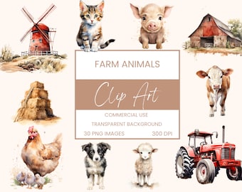 Farm Animals Clip Art Pack Watercolour, Clipart or Commercial Use, Barn, Farm, Horse, Cow, Sheep, Pig, Dog, Cat Art Watercolour PNG
