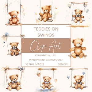 Pack de clip art ours en peluche sur des balançoires aquarelle, clipart ou usage commercial, balançoires et peluches, art mural aquarelle PNG