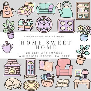 Clipart Home Sweet Home : illustrations pastel douillettes pour des autocollants, des agendas, du scrapbooking et des projets créatifs à usage commercial