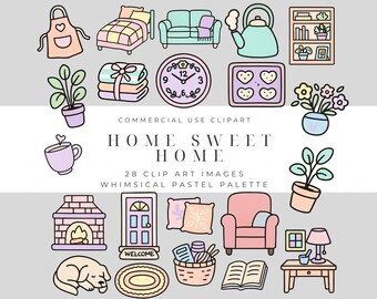 Home Sweet Home Clipart – Cozy Pastel Illustrations for Stickers, Planners, Scrapbooking and Craft Projects for commercial use
