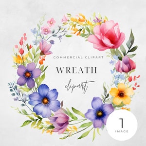 Watercolor Floral Wreath Clipart, Bright Summer Floral, SINGLE IMAGE, Flowers, Half Wreaths, Wedding Boho, Transparent png, Commercial Use
